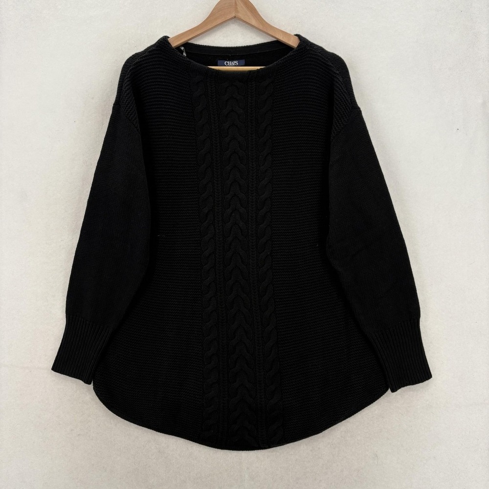 Chaps Sweater Tunic Womens Large Black Cotton Acrylic Cable Knit Long Sleeve NWT